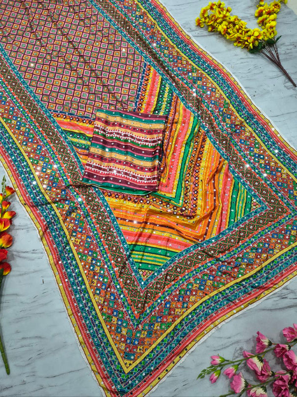 Beautiful Chinon Silk Saree With Elegant Print & Real Mirror Work