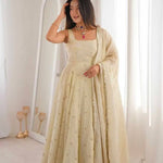 Beautiful Beige Color Cosmos Gold Embroidery Work Gown
