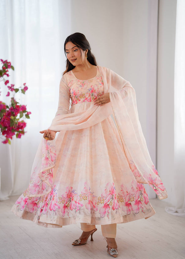 White Color Oraganza Silk With Butter Cotton Gown