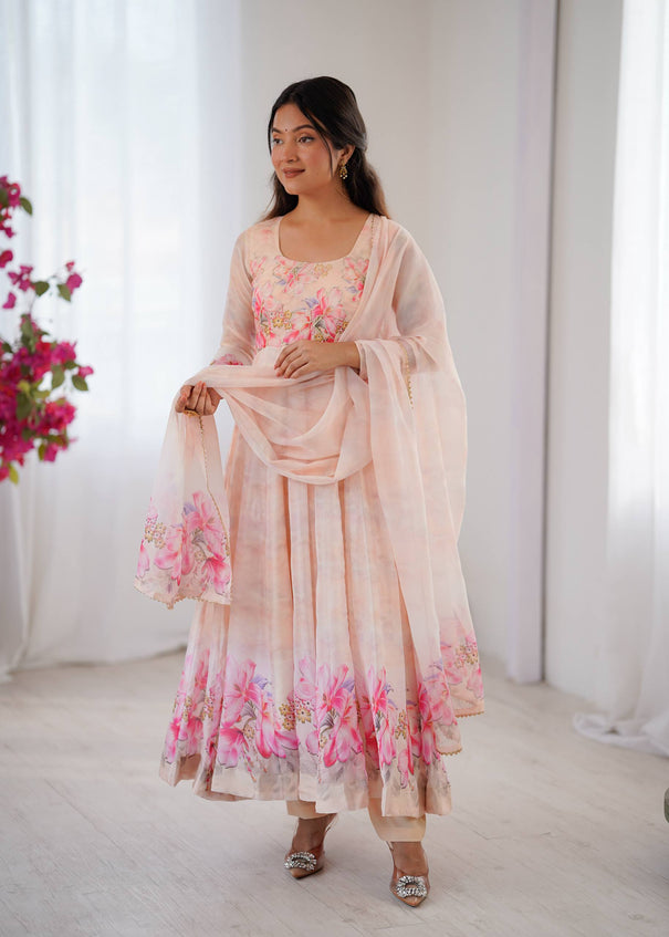 White Color Oraganza Silk With Butter Cotton Gown