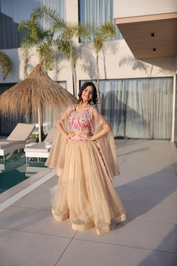 Beautiful Soft Rich Sindur Silk Beads Embroidery Work Lehenga Set