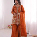Beautiful Soft Rich Pure Fendy Silk Embroidery Sequence Work Plazzo Set