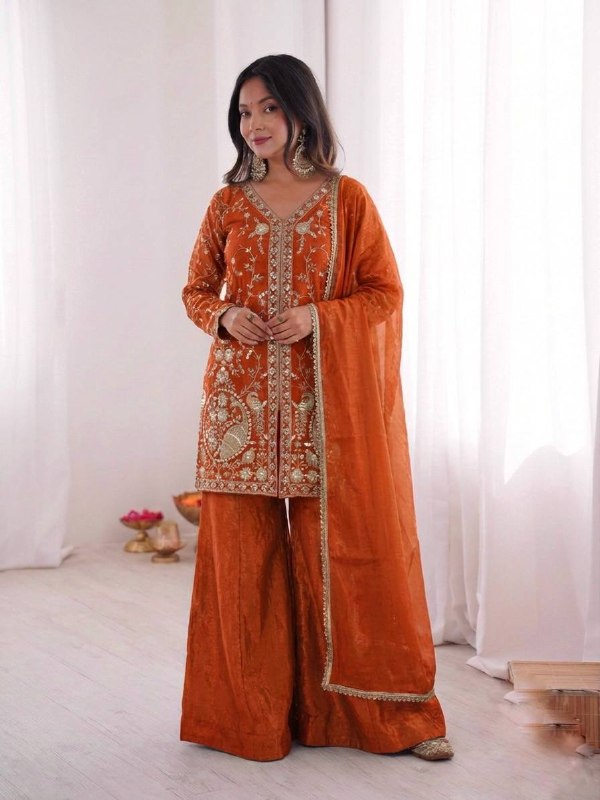 Beautiful Soft Rich Pure Fendy Silk Embroidery Sequence Work Plazzo Set