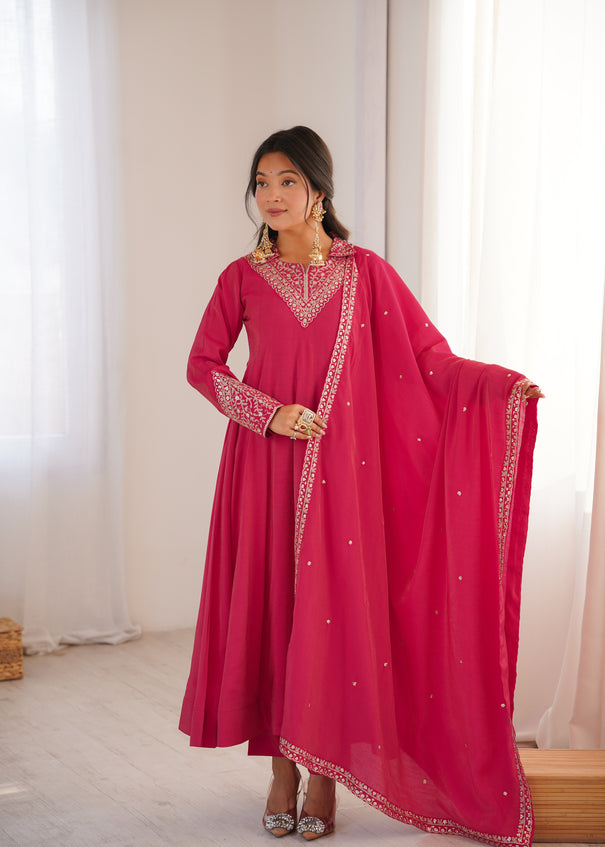 Beautifull Rani Color Roman Shimmer WIth Dori Sequience Work Anarkali