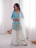 Beautiful Soft Rich Pure Fendy Silk Embroidery Sequence Work Plazzo Set