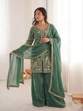 Beautiful Soft Rich Pure Fendy Silk Embroidery Sequence Work Plazzo Set