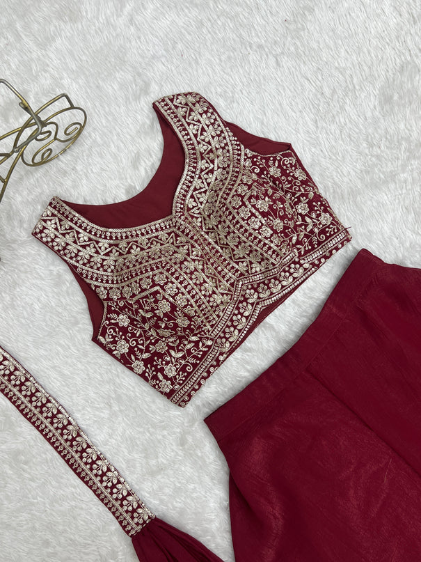 Crunchy Silk Embroidery Thread Sequence Work Crop Top Plazzo