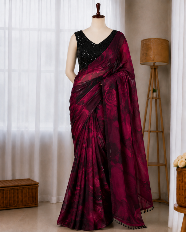 Fandy Satin Floral Print Saree