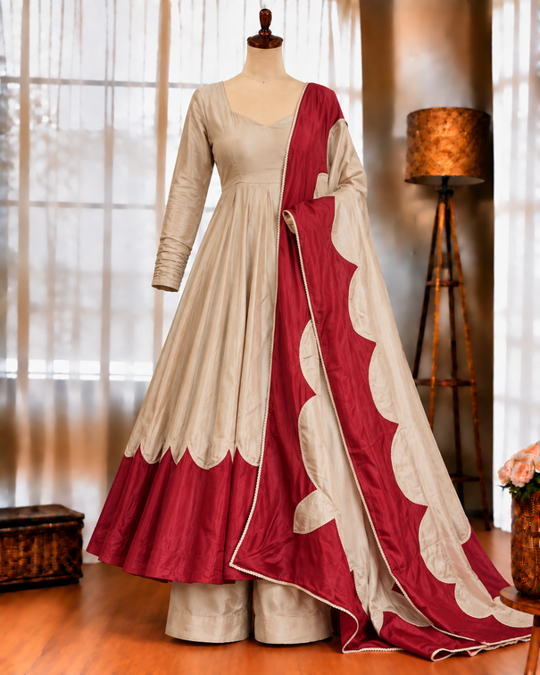 Pure Roman Silk Gown with Embroidery, Tassels & Fancy Sleeves