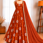 Embroidered Gown with Pant & Lace Border Dupatta