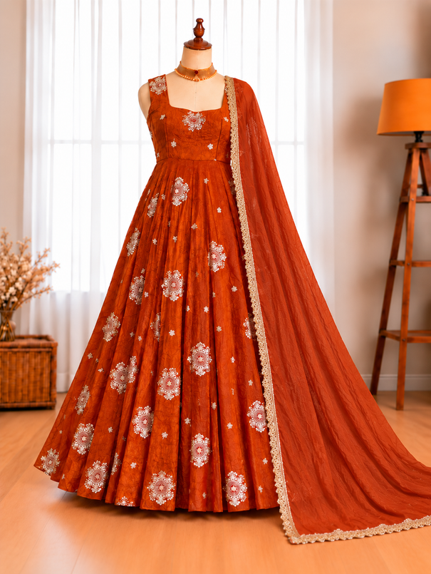 Embroidered Gown with Pant & Lace Border Dupatta