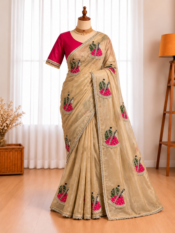 Premium PC Moss Georgette Saree with Moti, Cutdana & Sequin Bead Work