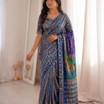 Beautiful Elegant Rich Look Japan Satin Saree With Digital Print Aari Work