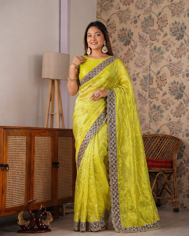 Beautiful Soft Kattan Silk With Pure Zari Weaving Floral Embroidery Coding & Sequence Border in saree