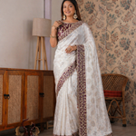 Beautiful Soft Kattan Silk With Pure Zari Weaving Floral Embroidery Coding & Sequence Border in saree