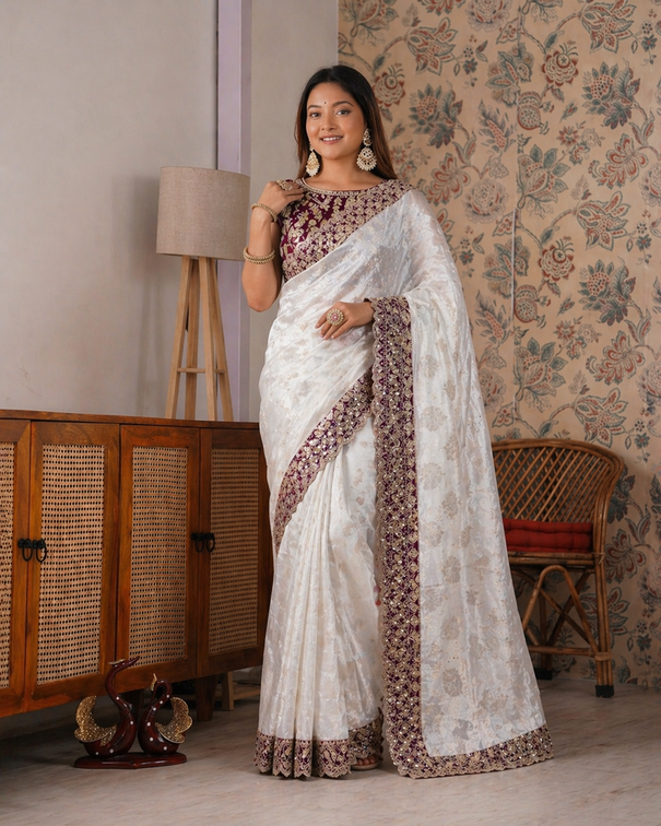 Beautiful Soft Kattan Silk With Pure Zari Weaving Floral Embroidery Coding & Sequence Border in saree