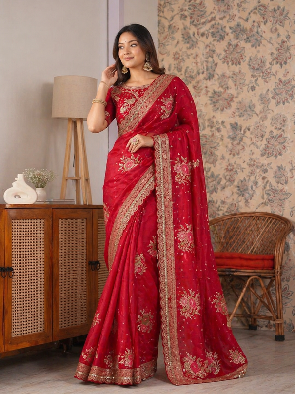 Beautiful Look Heavy Dolla Silk Saree With Meenakari Zari Weaving & Embroidery Sequence Border