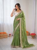 Beautiful Elegant Rich Look Fandy Satin Saree With Sequence Butti & Elegant Designer Lace Border
