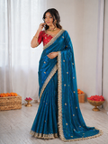 Beautiful Elegant Rich Look Fandy Satin Saree With Sequence Butti & Elegant Designer Lace Border
