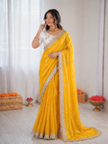 Beautiful Elegant Rich Look Fandy Satin Saree With Sequence Butti & Elegant Designer Lace Border