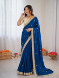 Beautiful Elegant Rich Look Fandy Satin Saree With Sequence Butti & Elegant Designer Lace Border
