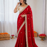 Beautiful Elegant Rich Look Fandy Satin Saree With Sequence Butti & Elegant Designer Lace Border
