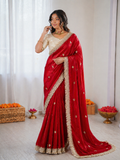 Beautiful Elegant Rich Look Fandy Satin Saree With Sequence Butti & Elegant Designer Lace Border