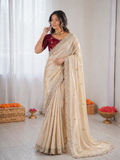 Beautiful Elegant Rich Look Fandy Satin Saree With Sequence Butti & Elegant Designer Lace Border