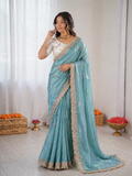 Beautiful Elegant Rich Look Fandy Satin Saree With Sequence Butti & Elegant Designer Lace Border