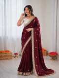Beautiful Elegant Rich Look Fandy Satin Saree With Sequence Butti & Elegant Designer Lace Border
