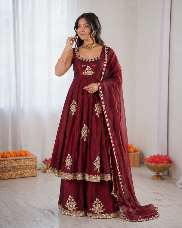 Beautiful Look Fendi Satin Gown With Sequence Embroidery Zari Work Plazzo