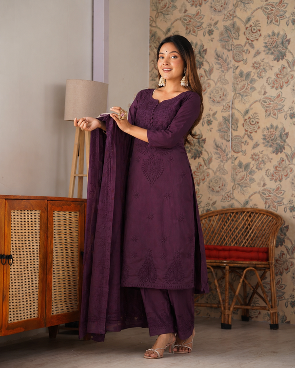 Wine Color Pure Cotton With Embroidery Work Top Pent