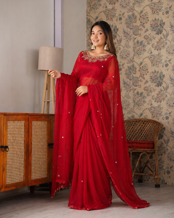 Beautifull Faux Georgette Embroidery With Real Mirror Work Saree