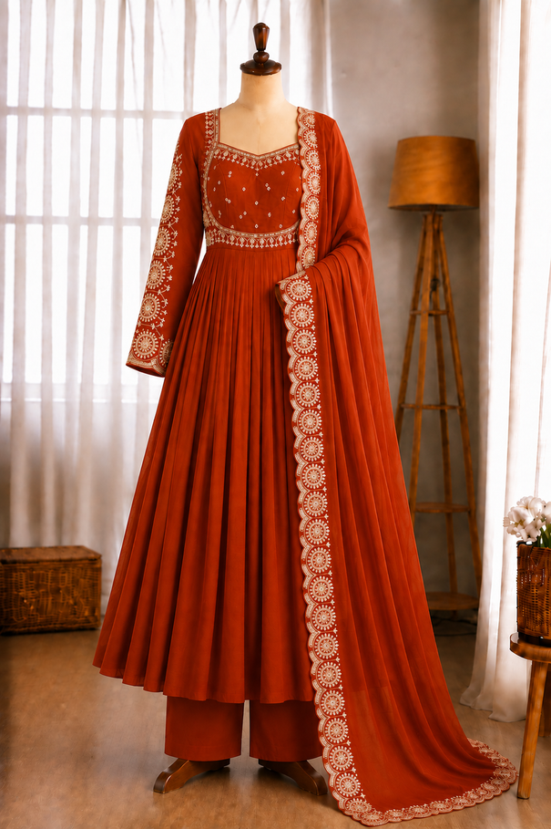 Roman Silk Embroidery Sequence Work Gown Set