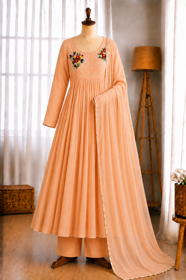 Mul Viscos Chanderi Cotton Embroidery Gotta Patti Gown Set