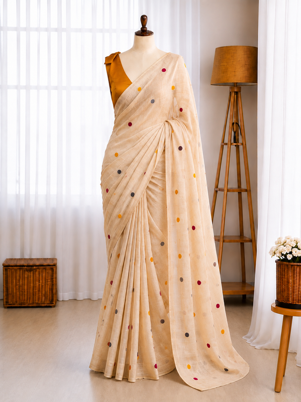 Pure Kota Checks Polka Dot Embroidery Work Saree