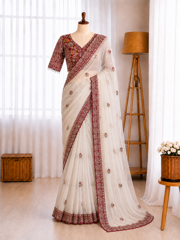 Butterfly Net Sequins Multi Thread Embroidery Mirror Work Saree