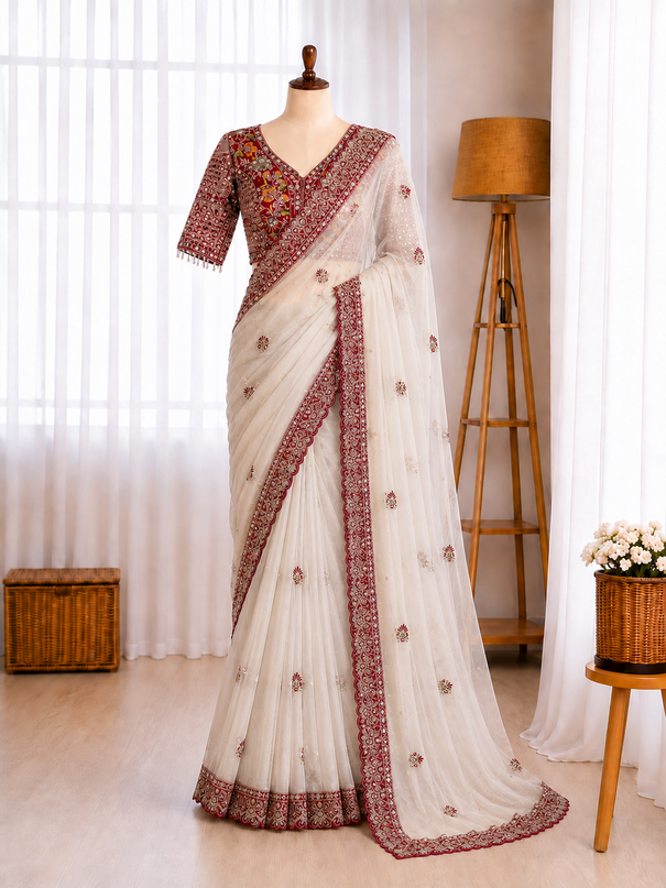 Butterfly Net Sequins Multi Thread Embroidery Mirror Work Saree