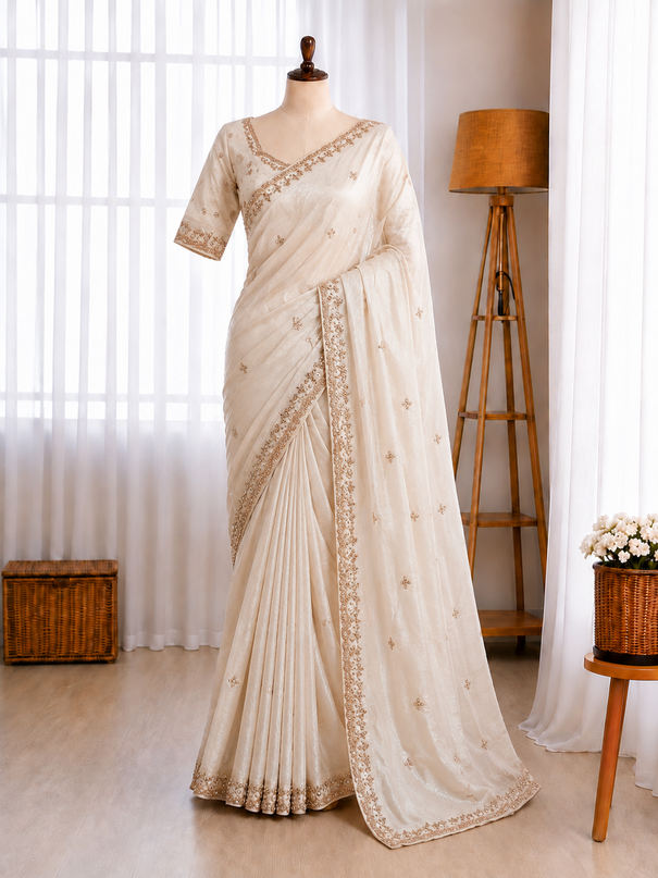 Pure Space Silk Velvet Shine Sequins Cutdana Handwork Saree