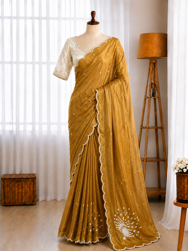 Pure Space Silk Zardosi Pearl Handwork Saree