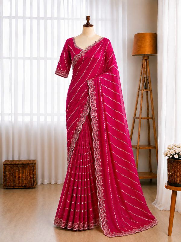 Fendy Satin Lehariya Cutdana Sequins Embroidery Work Saree