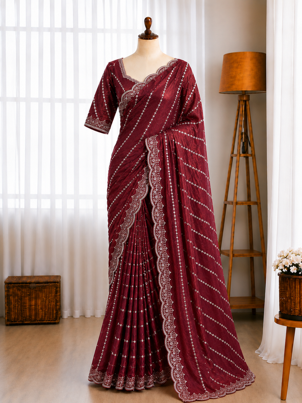 Fendy Satin Lehariya Cutdana Sequins Embroidery Work Saree