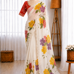 Soft Tabby Silk Floral Print Beads Sequins Handwork Saree