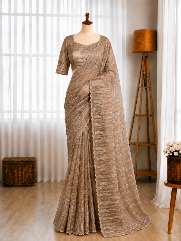 Muscut Silk Turkish Organza Thread Sequins Embroidery Work Saree