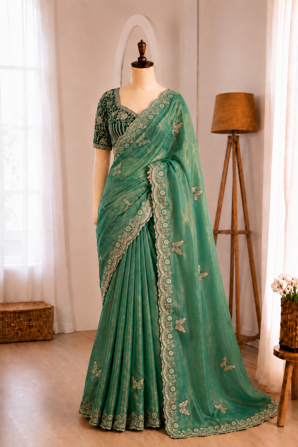 Soft Frendy Satin Sequence Zari Embroidery Designer Saree