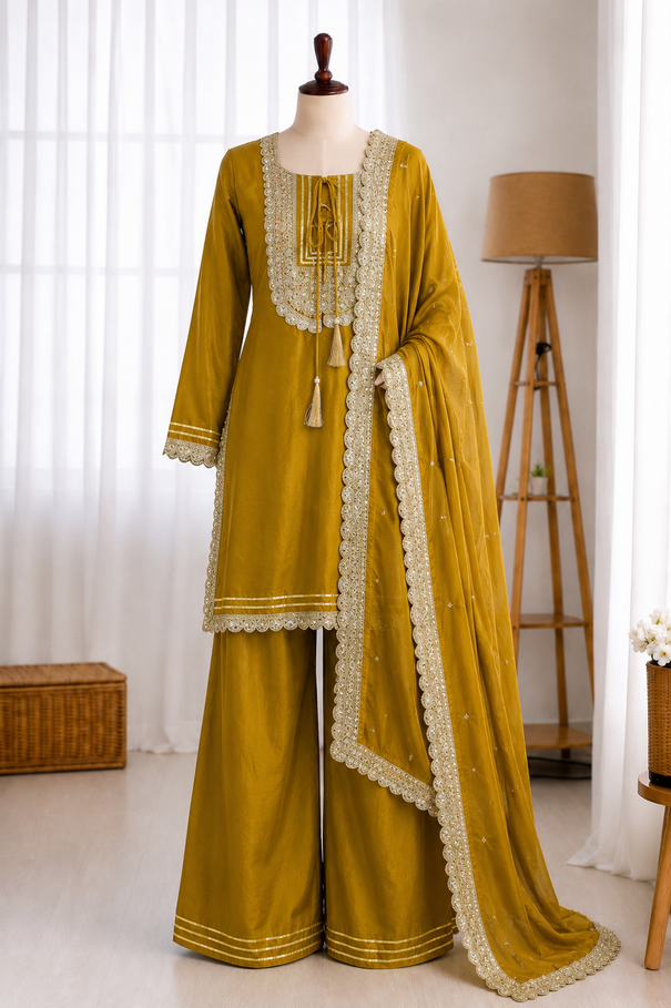 Soft Chinon Embroidery Sequence Work Top Plazzo