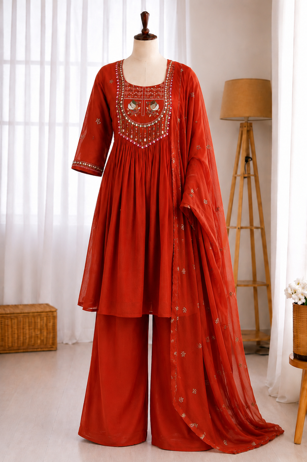 Soft Mull Chanderi Embroidery Work Top Bottom