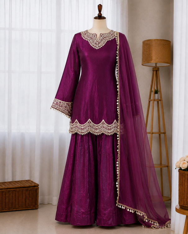 Fendy Silk Embroidery Codding & Real Mirror Work Top Bottom
