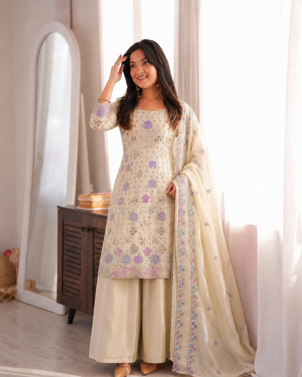Vichitra Silk Embroidered Plazzo Suit Set