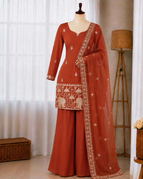 Crunchy Silk Embroidery Sequence & Jari Work Top Bottom